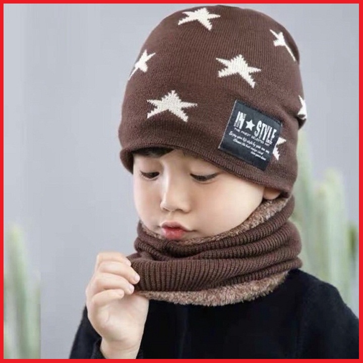 Mũ khăn họa tiết sao cho bé, set mũ len kèm khăn ống cho bé