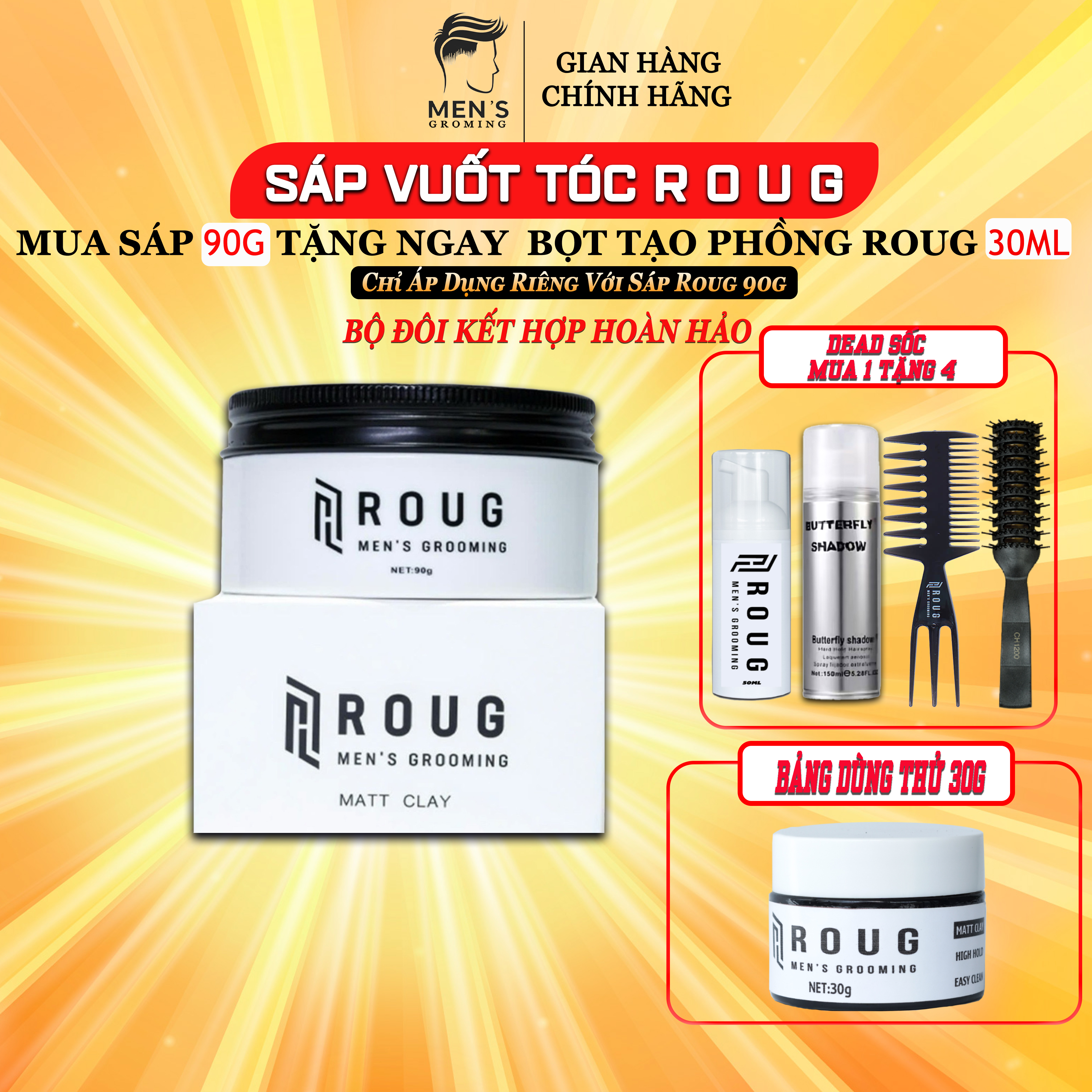 Mua1Tăng4 Sáp Vuốt Tóc Roug Men's Grooming Matt Clay 90g - Sáp Roug Trắng Dành Cho Tóc Dày,Trung Bình,Dầu Hỗ Trợ Chăm Sóc Tóc Bố Sung Dưỡng Chất Cho Tóc Roug Matte Clay Dưỡng Tóc