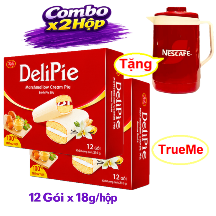 [Tặng Ca Đá 900ml] Combo x2 Hộp Bánh DeliPie sữa Vani (12 gói x 18g/hộp) - bánh bông lan - Richy- TrueMe delipie12 LazadaTrueMe