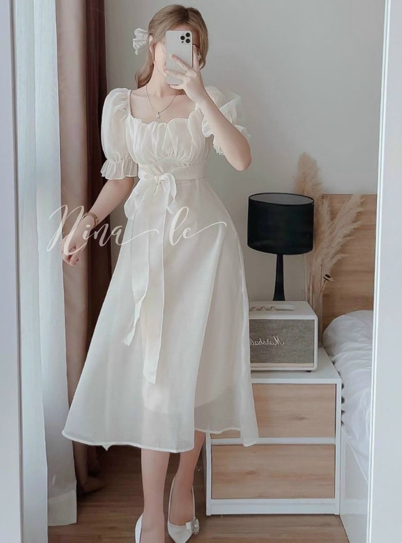 Đầm nữ tay phồng xếp ly ngực dáng dài trẻ trung