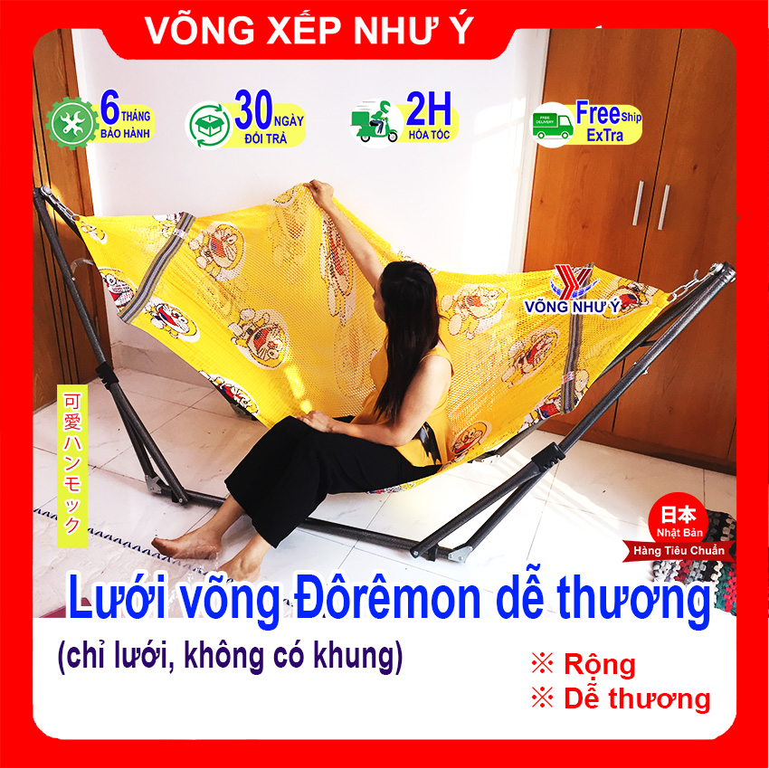 Lưới võng xếp cỡ đại hình Đôrêmon dễ thương hàng tiêu chuẩn Nhật Bản rộng thoáng,  võng lưới 2 lớp cán thép cho giá võng người lớn dày rộng đủ màu sắc sản phẩm của võng xếp Như Ý