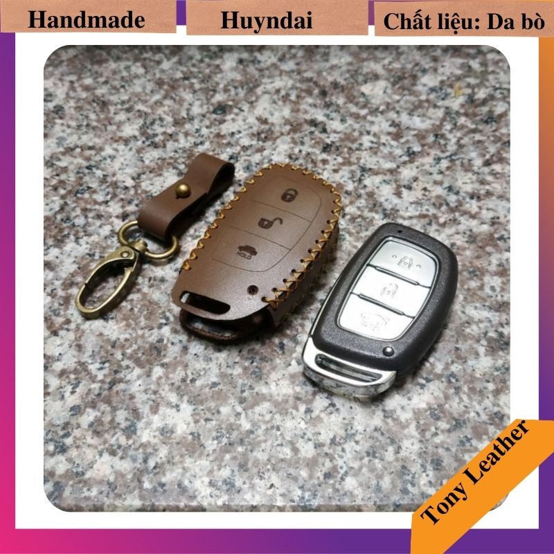 Bao da chìa khóa smartkey Hyundai I10, Accent, Elantra, Tucson 2015, Sonata 2017 3 nút da bò