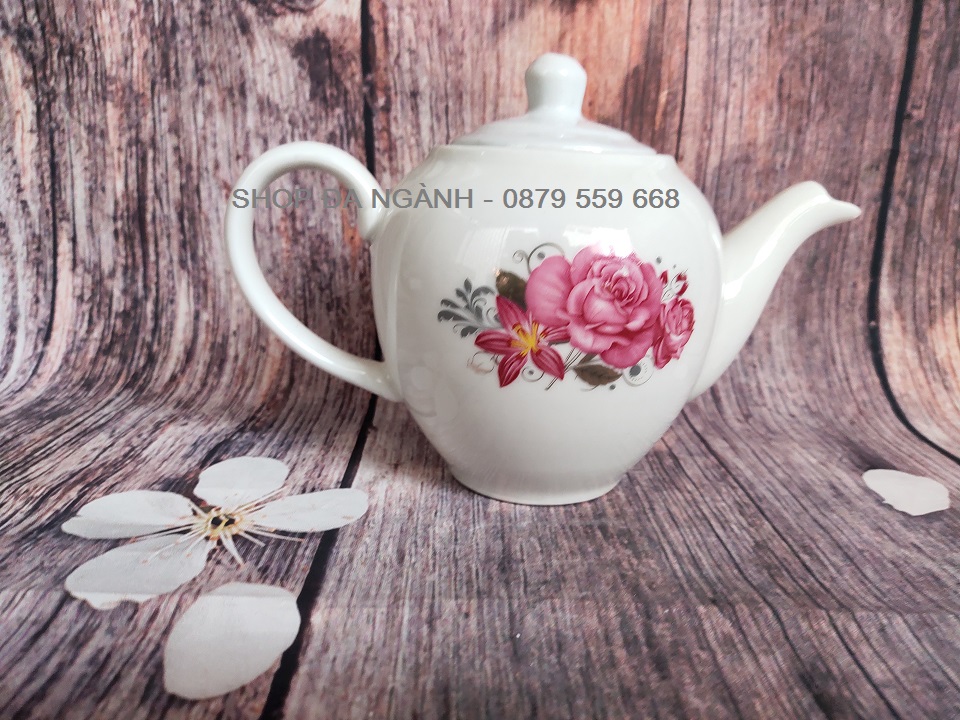 Ấm trà hoa hồng ánh kim dung tích 500 ml, gốm sứ Bát Tràng