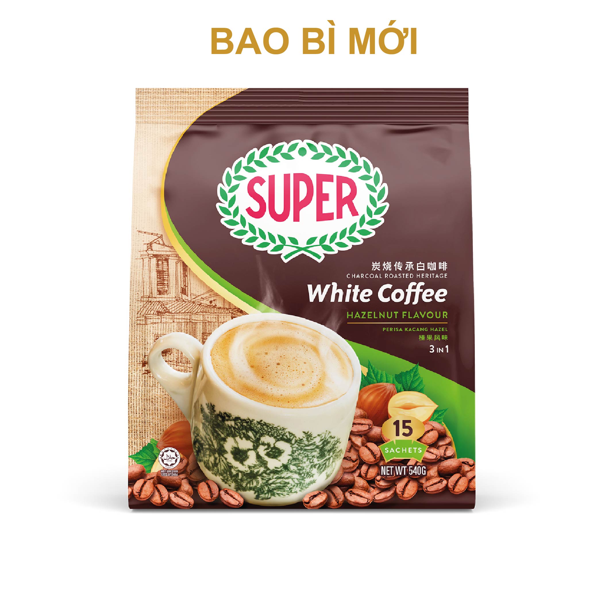 [HCM] Cà phê trắng Super White Coffee Hazelnut hàng nhập khẩu Malaysia bịch 540g (36g x 15 gói)