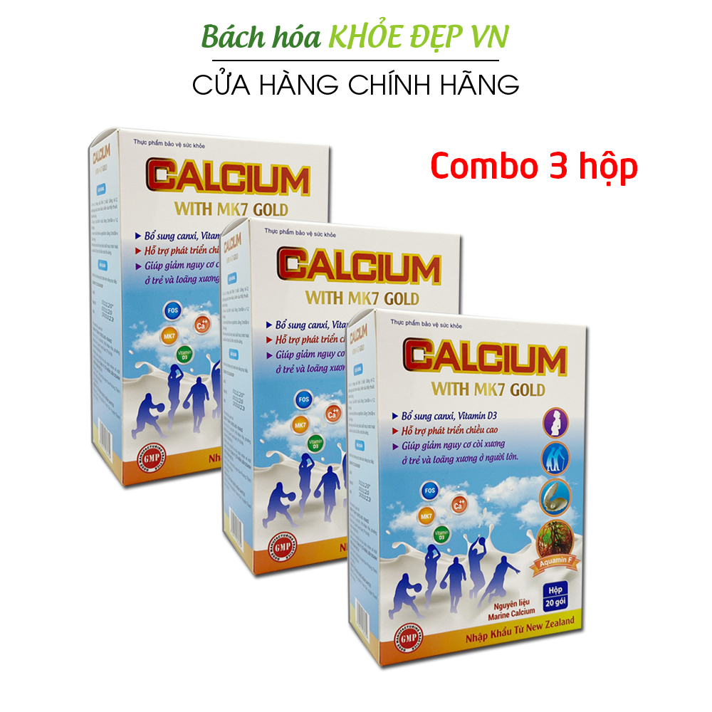 Combo 3 hộp Canxi sữa tăng chiều cao, chắc khỏe xương cho bé từ 6 tháng tuổi Calcium With MK7 Gold - Hộp 20 gói