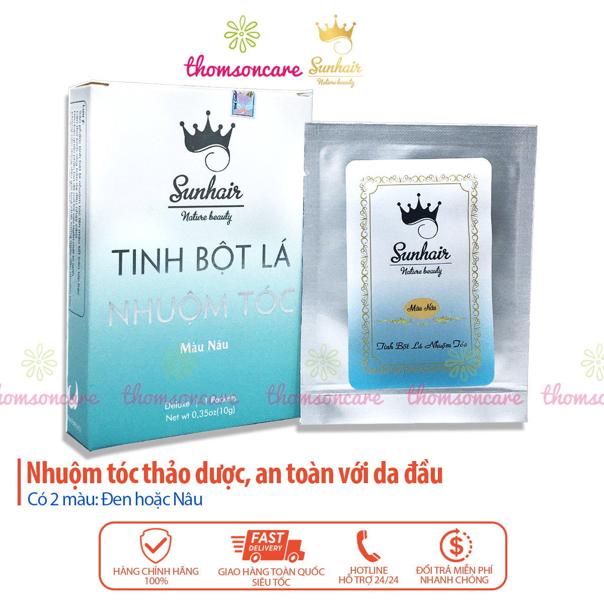 Thuốc nhuộm tóc Sunhair từ tinh bột lá thảo dược, lên màu đen, nâu, phủ bạc tóc trắng, an toàn cho da đầu