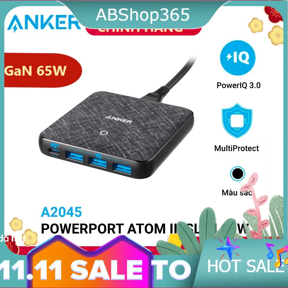 CốcSạc ANKER 4 cổng PowerPort Atom III Slim 65w PIQ 3.0&GaN - A2045 - Hỗ trợ sạc laptop 45W