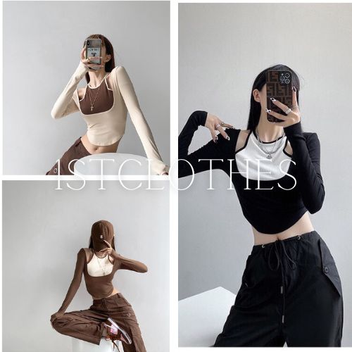 Áo croptop phối ba lỗ tay dài chất bozip co dãn Áo kiểu nữ ôm body quyến rũ thời trang hàn quốc 1STCLOTHES