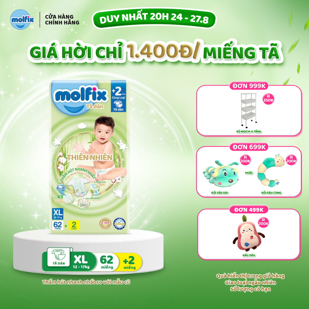 Tã/bỉm dán molfix thiên nhiên super jumbo xl - gói 62+2 miếng