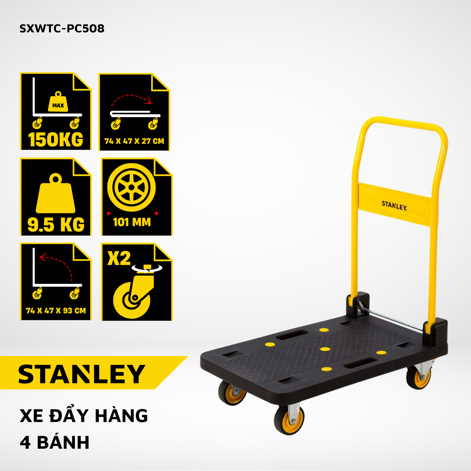 Xe đẩy hàng gấp gọn 4 bánh Stanley PC508 Tải trọng 150kg Hàng chính hãng