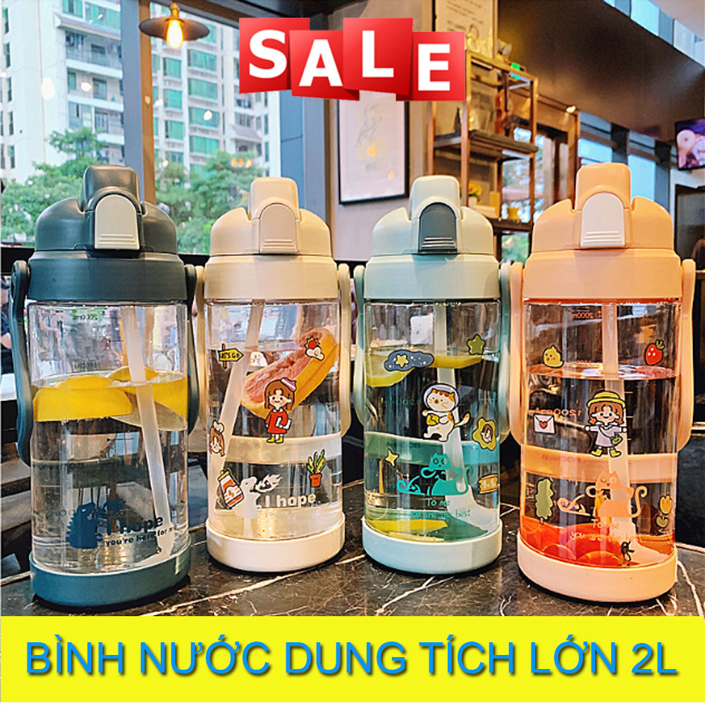 Bình nước, bình đựng nước dung tích lớn, bình đựng nước 2 lít,bình nước có vạch kẻ chia ml bình nước đi kèm ống hút,bình nước quai xách tiện lợi,nhựa an toàn
