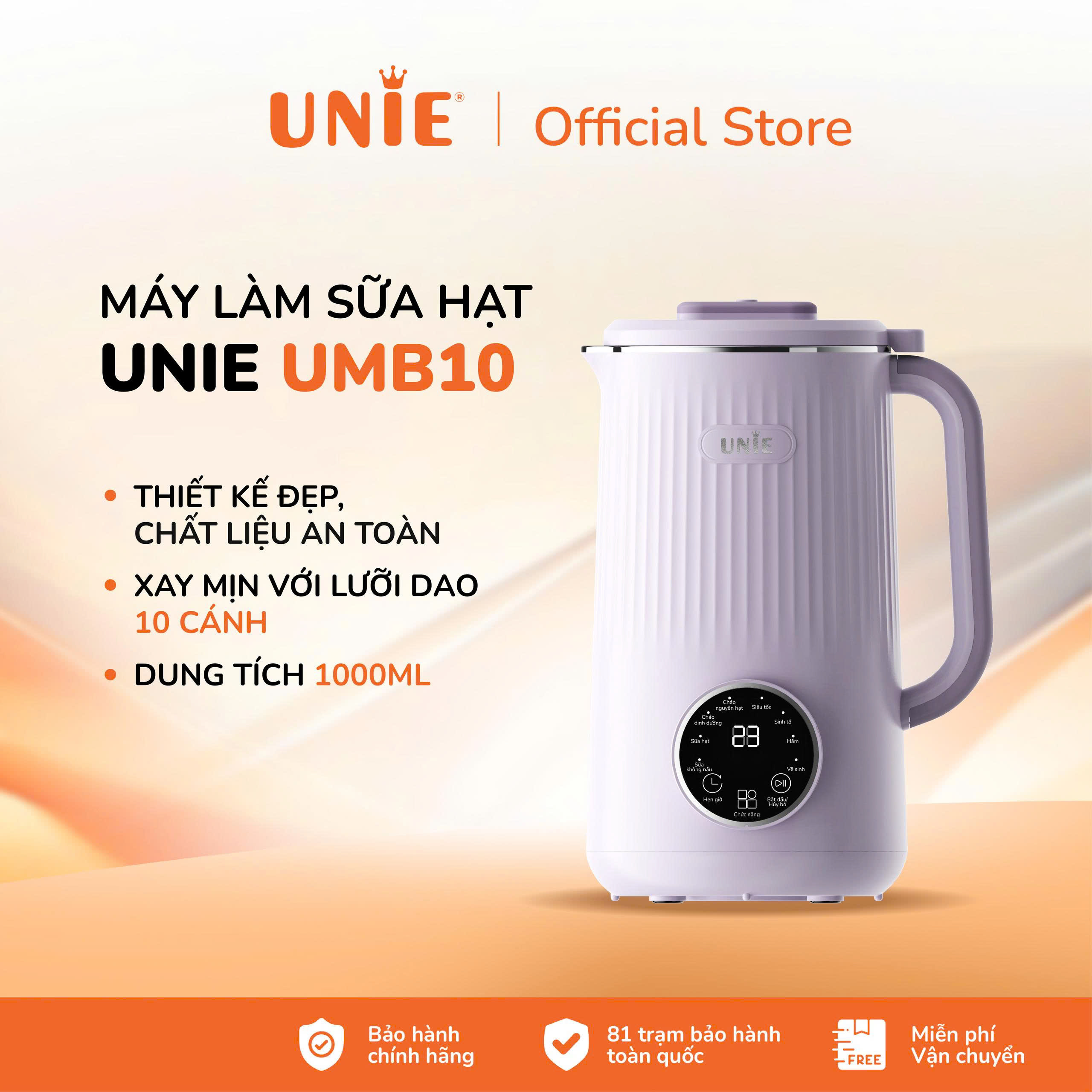 Máy làm sữa hạt đa năng Unie UMB10 dung tích 1L, 8 chức năng xay nấu linh hoạt, máy nấu sữa hạt, xay sinh tố, nấu cháo,...lưỡi dao 8 cánh inox 304 xay nấu nhuyễn mịn - Bảo hành 12 tháng