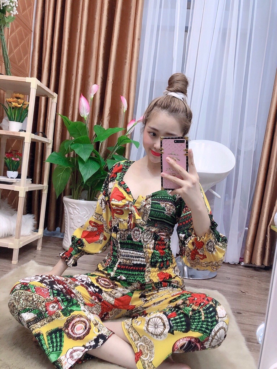 [HCM]Set bộ nữ thổ cẩm tay lỡ cổ V cột nơ bo eo quần dài ống rộng cực đẹp #setbothocamnoco