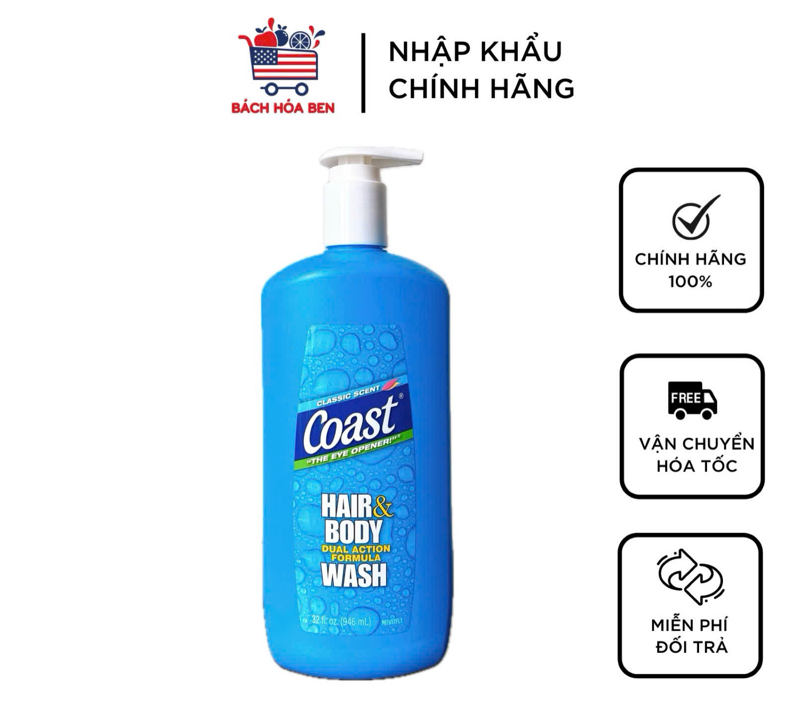 Sữa tắm gội Coast Mỹ 2in1 Hair And Body 946ml chai vòi dành cho Nam và Nữ