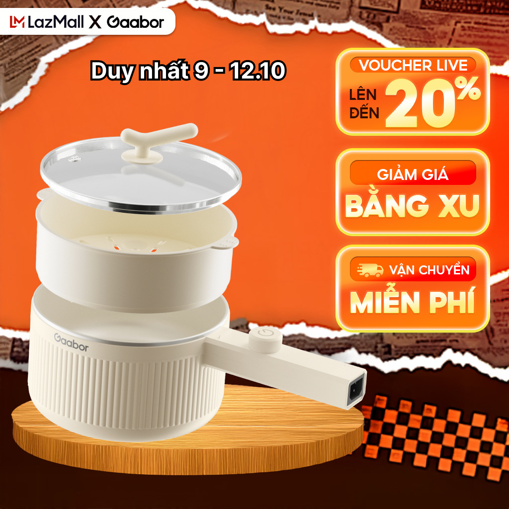 ( Kèm xửng hấp) Nồi đa năng dung tích 2L nồi điện công suất 600W cán dài chiên nấu xào hấp Gaabor  EC-20E01B - Bảo hành 12 tháng 1 đổi 1