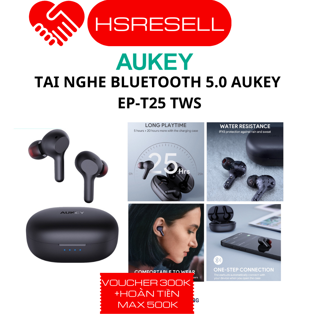 Tai nghe bluetooth 5.0 aukey ep-t25 tws chống ồn chống nước ipx5 - hàng chính hãng
