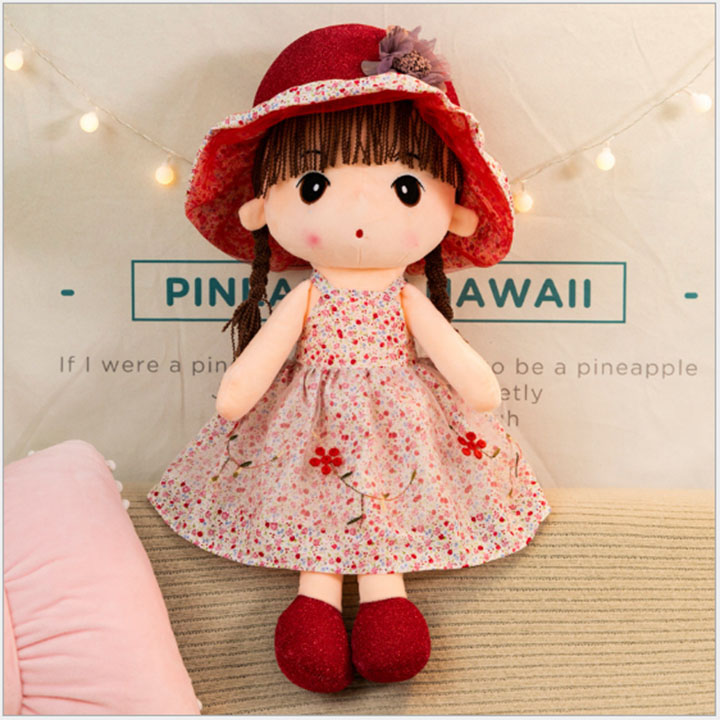 Búp bê 45 cm mũ rơm hoa váy bé gái - Búp bê sang trọng màu đỏ