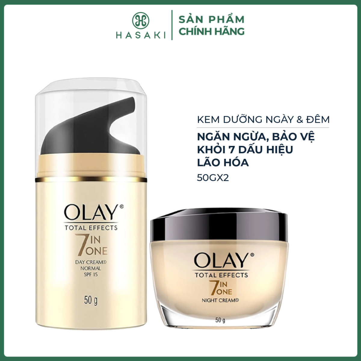 Combo Kem Dưỡng Olay Ngừa Lão Hóa Ban Ngày & Ban Đêm 50g/Lọ Total Effects 7 in One Day Cream Normal SPF 15 + Total Effects 7 in One Night Cream Hasaki Sản Phẩm Chính Hãng