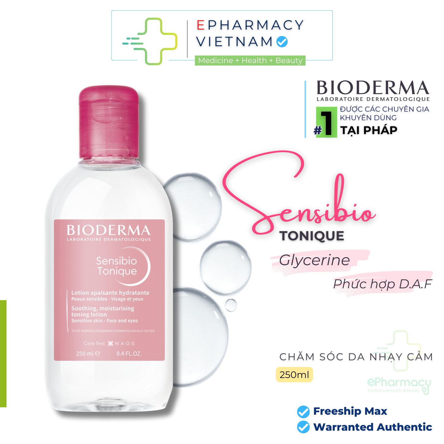 Nước hoa hồng Bioderma Sensibio Tonique Toner cân bằng độ pH, dưỡng ẩm cho da nhạy cảm 100ml