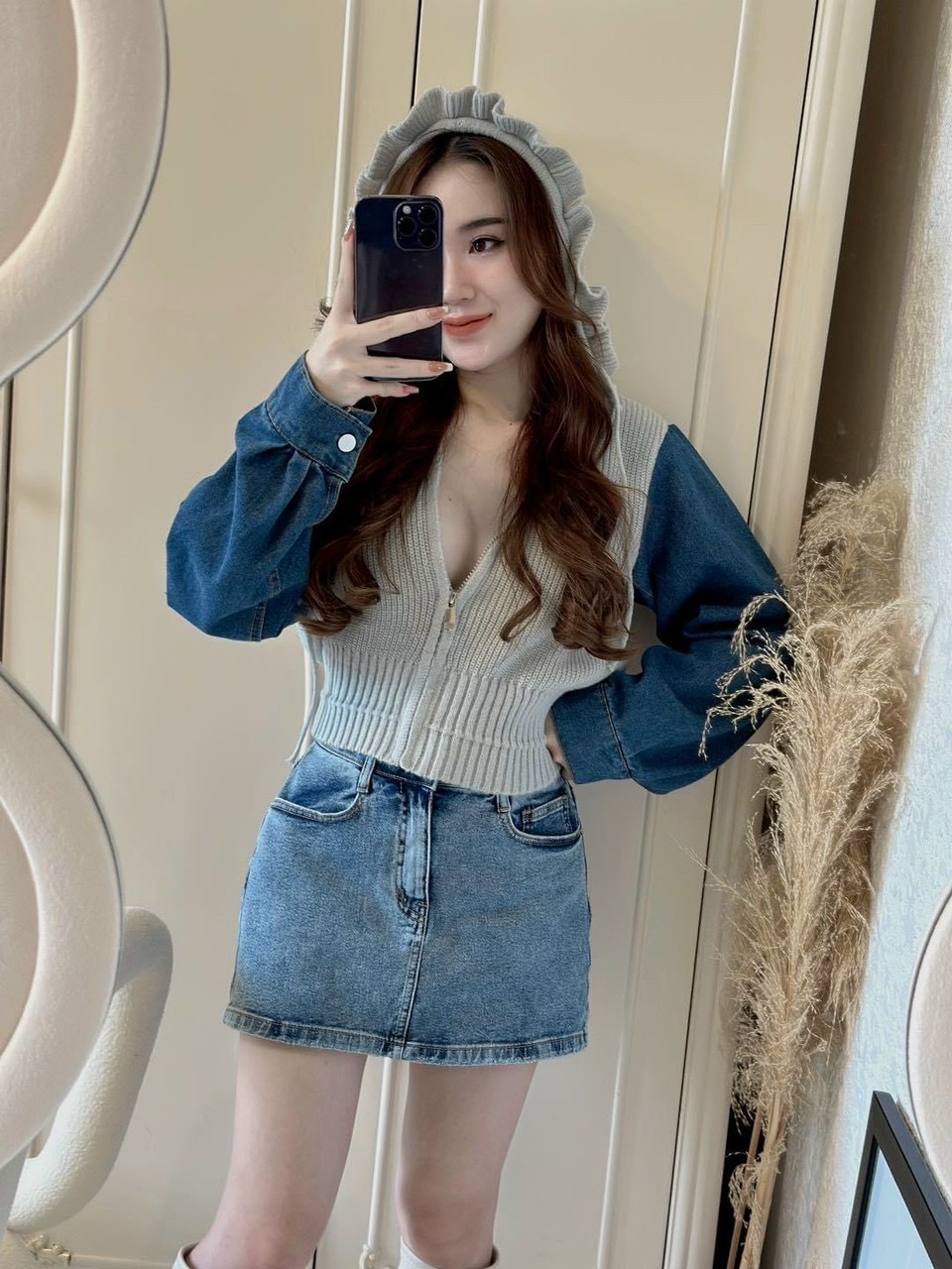 Áo khoác len cardigan nữ tay dài phối jean có nón hàng nhập QC
