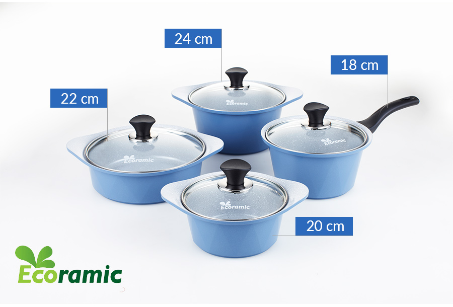 Ecoramic-bộ 4 nồi ceramic: nồi 1 tay cầm 18cm, nồi 2 tay cầm 20-22-24cm +1 cặp nhấc nồi sillicon