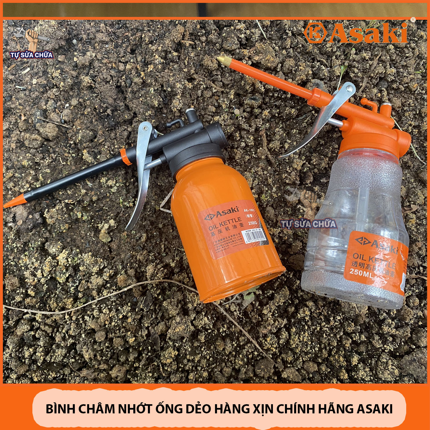 Bình châm nhớt cao cấp dung tích 250ml chính hãng Asaki, khả năng bơm xa 5m, chuyên châm dầu , tra dầu máy cơ khí