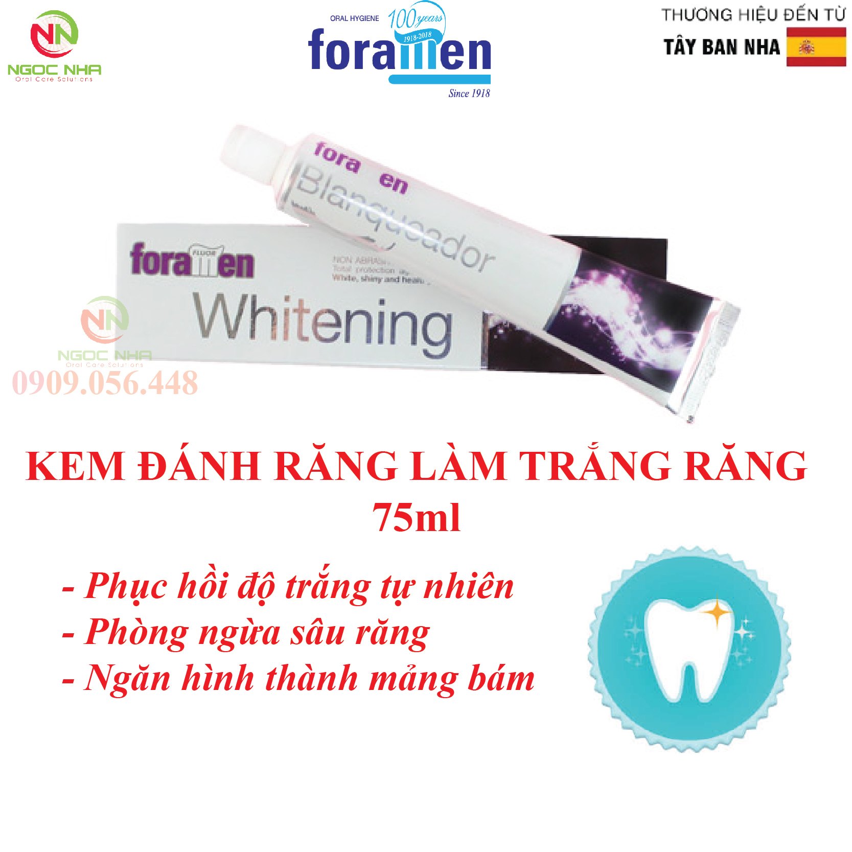 Kem đánh răng ngừa sâu răng giúp răng trắng sáng tự nhiên bảo vệ men răng Foramen Whitening 90g/ Tây Ban Nha