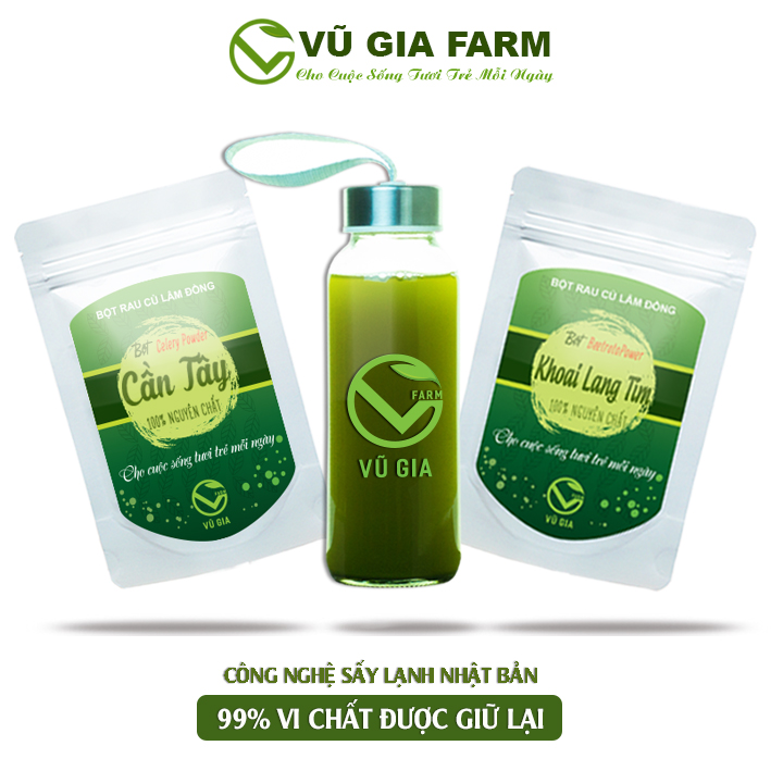 Combo bột khoai lang tím + bột cần tây - Sấy lạnh nguyên chất Vũ Gia (50g/túi) + Tặng chai thuỷ tinh đựng nước ép có dây 300ml - Giàu chất xơ, vitamin và khoáng chất, chứa nhiều chất chống oxy hóa