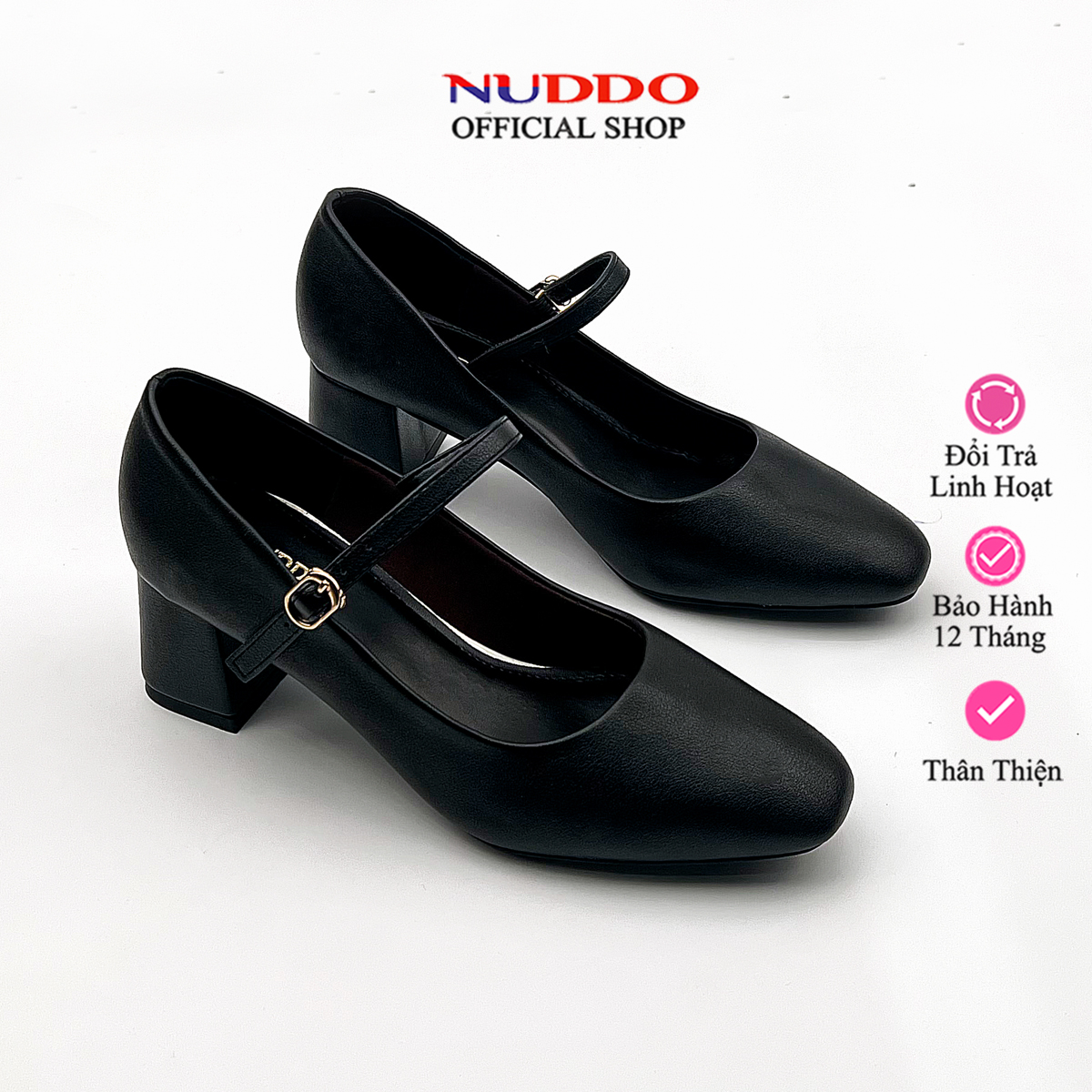 Giày mery jane nữ 5 phân mũi vuông, guốc cao gót đế vuông 5cm da mềm nuddo _nu399