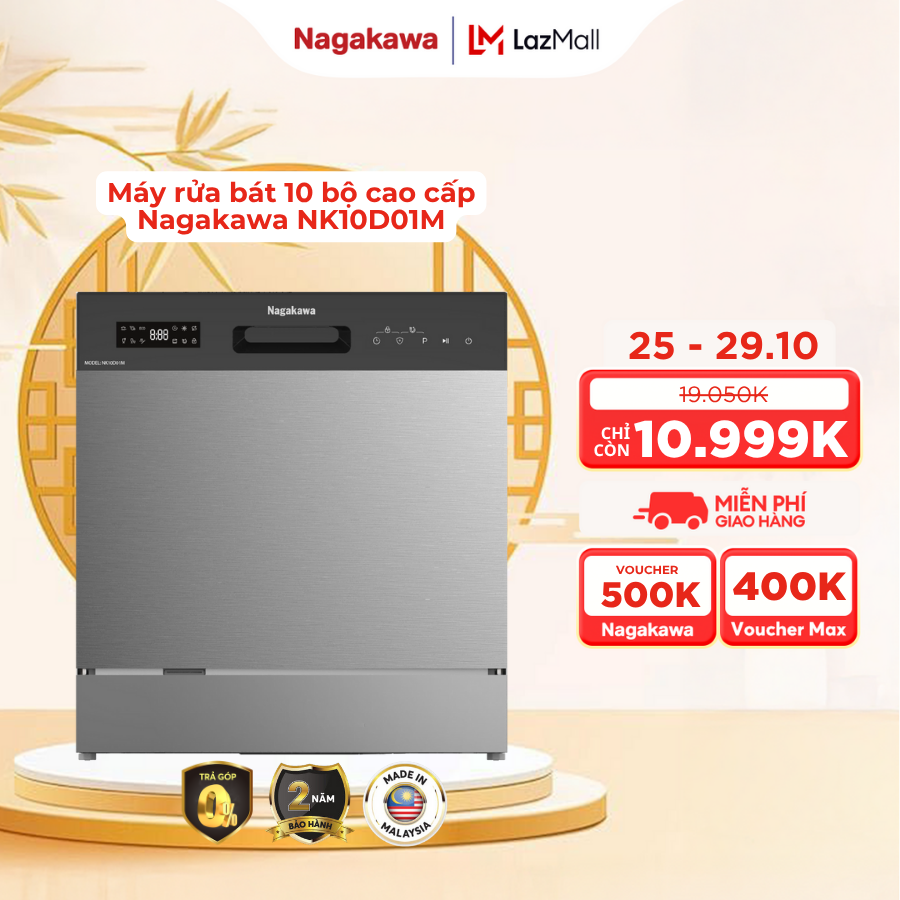 Máy rửa bát 10 bộ Nagakawa NK10D01M - Kích thước 55x59.5x50 cm, Công nghệ sấy NaFRESH 360° và Diệt khuẩn UV LED