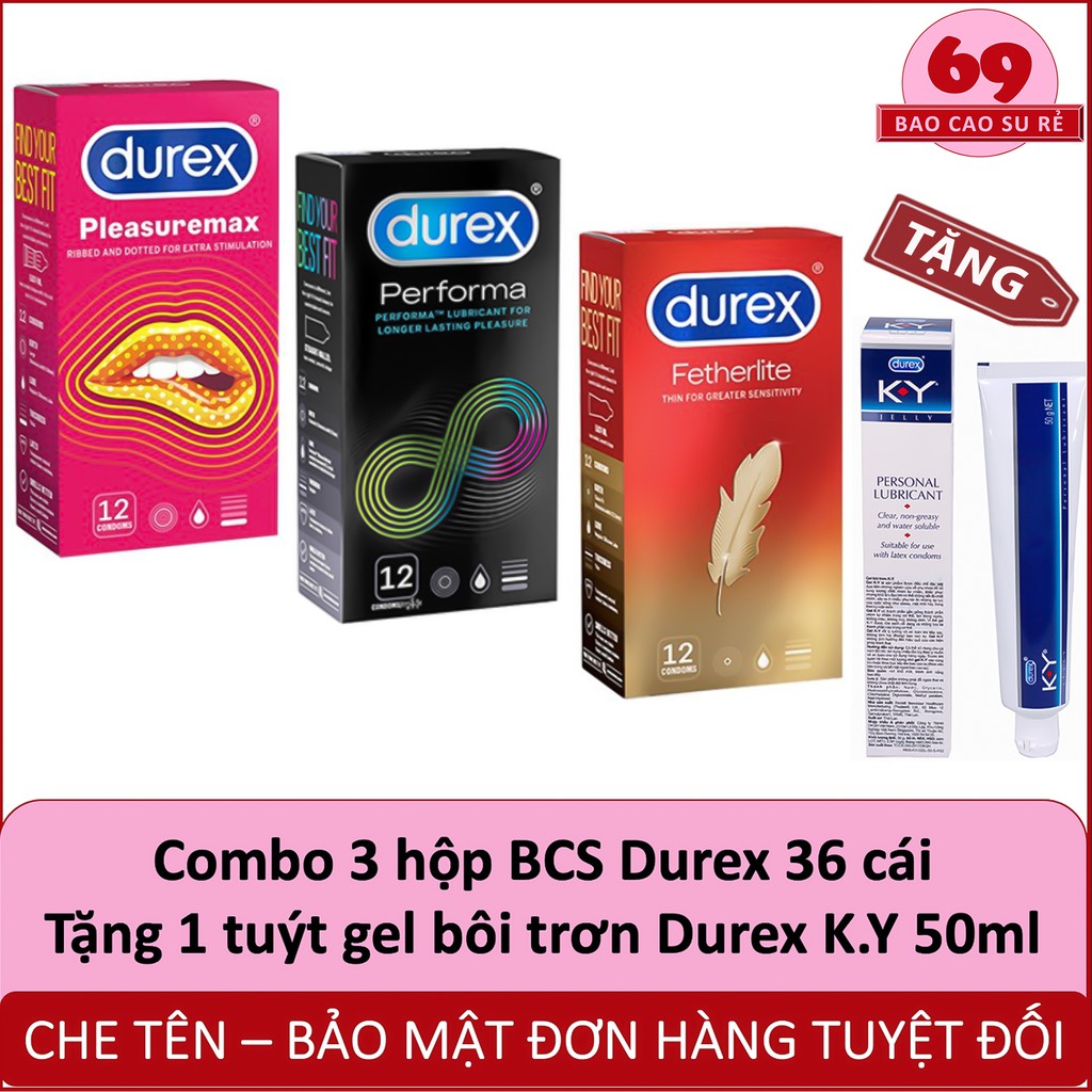 Combo 3 Hộp Bao Cao Su Durex 36 Cái Tùy Chọn. Tặng Kèm 1 Tuýt Gel Bôi Trơn K.Y 50G