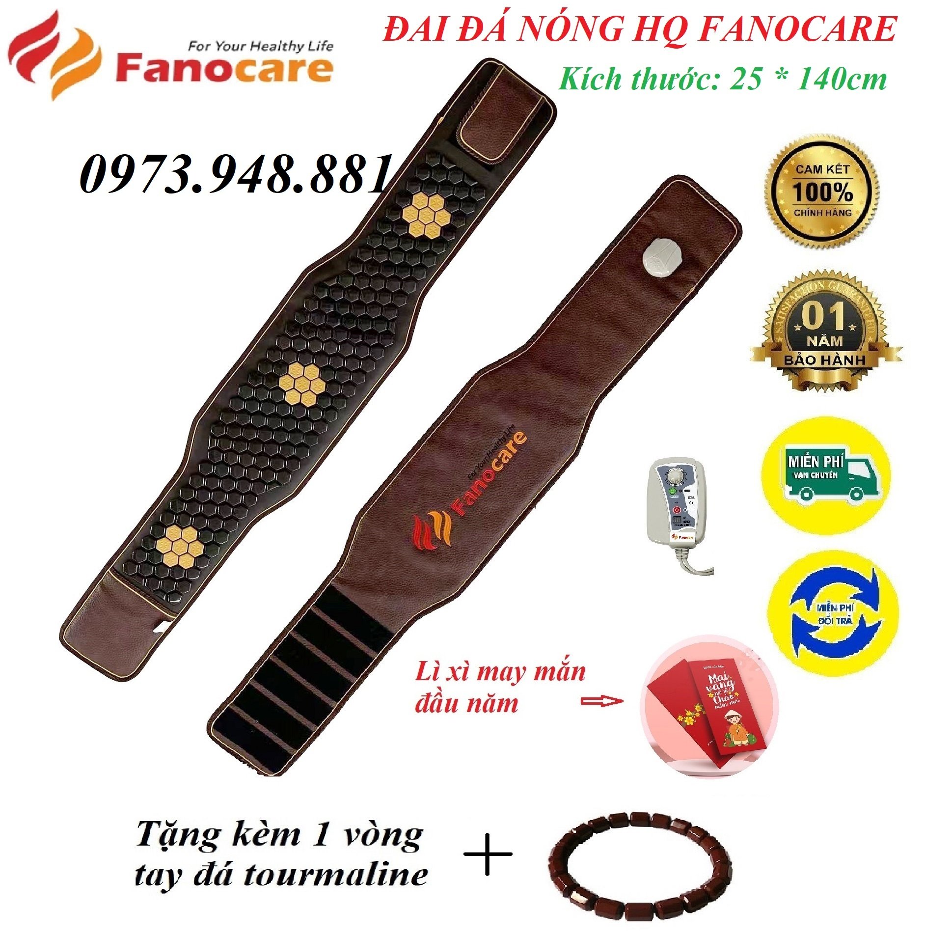 Đai đá nhiệt nóng HQ Fanocare KT 25*140cm giảm béo, giảm đau lưng FN04 (Tặng kèm 1 vòng tay đá tourmaline)