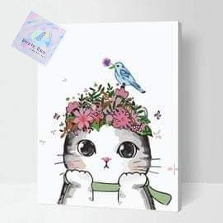 Tranh sơn dầu số hoá tự tô màu theo số có khung. Tổng hợp mẫu Mèo con