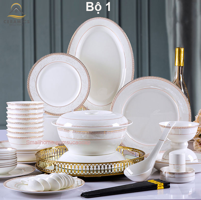 Bộ đồ ăn Họa Ảnh 56 món bằng sứ xương cao cấp, họa tiết viền tinh xảo, sang trọng, phong cách Bắc Âu.