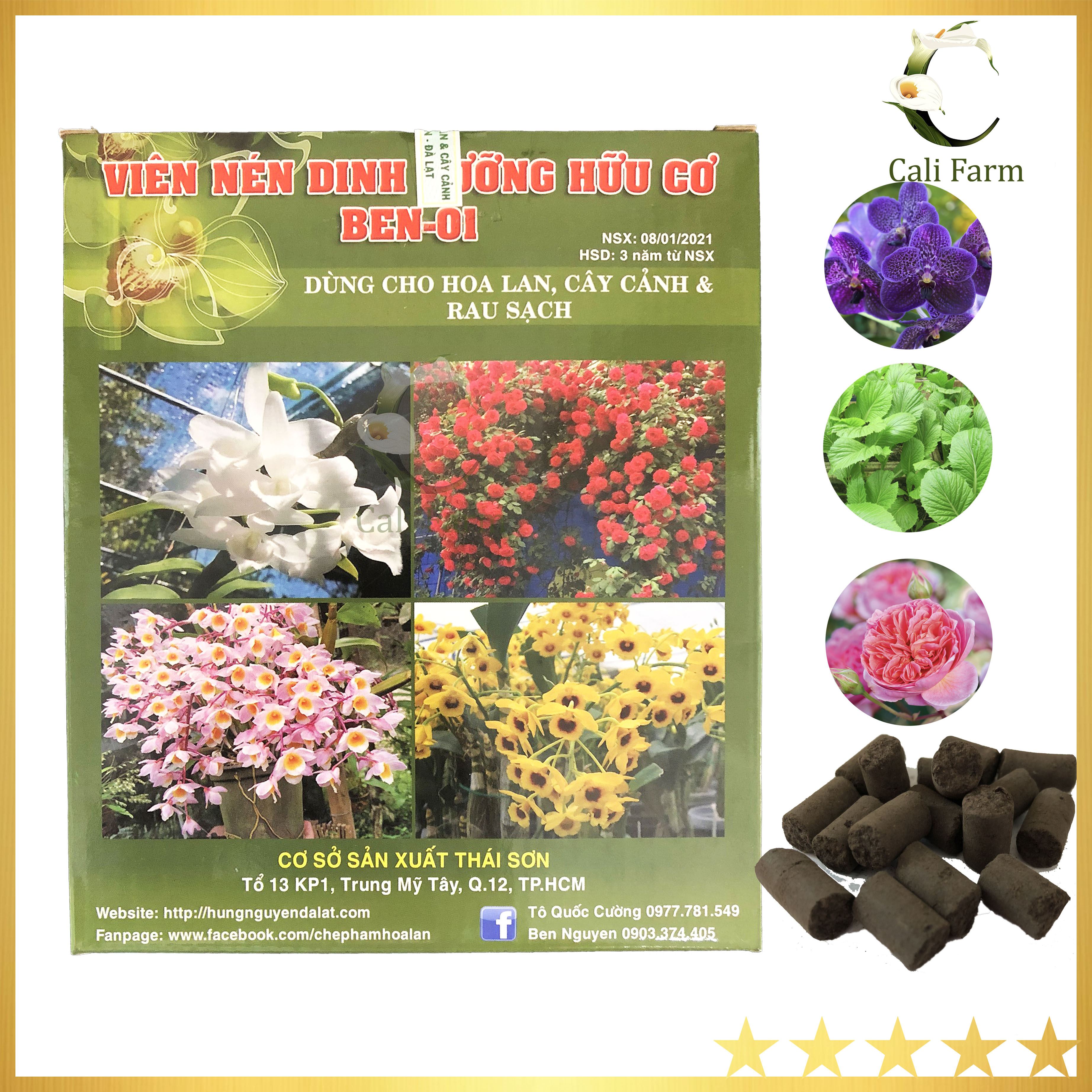 Viên Nén Dinh Dưỡng Hữu Cơ Ben 01 Hùng Nguyễn hộp 1kg dùng bón gốc cho hoa lan, cây cảnh và rau sạch