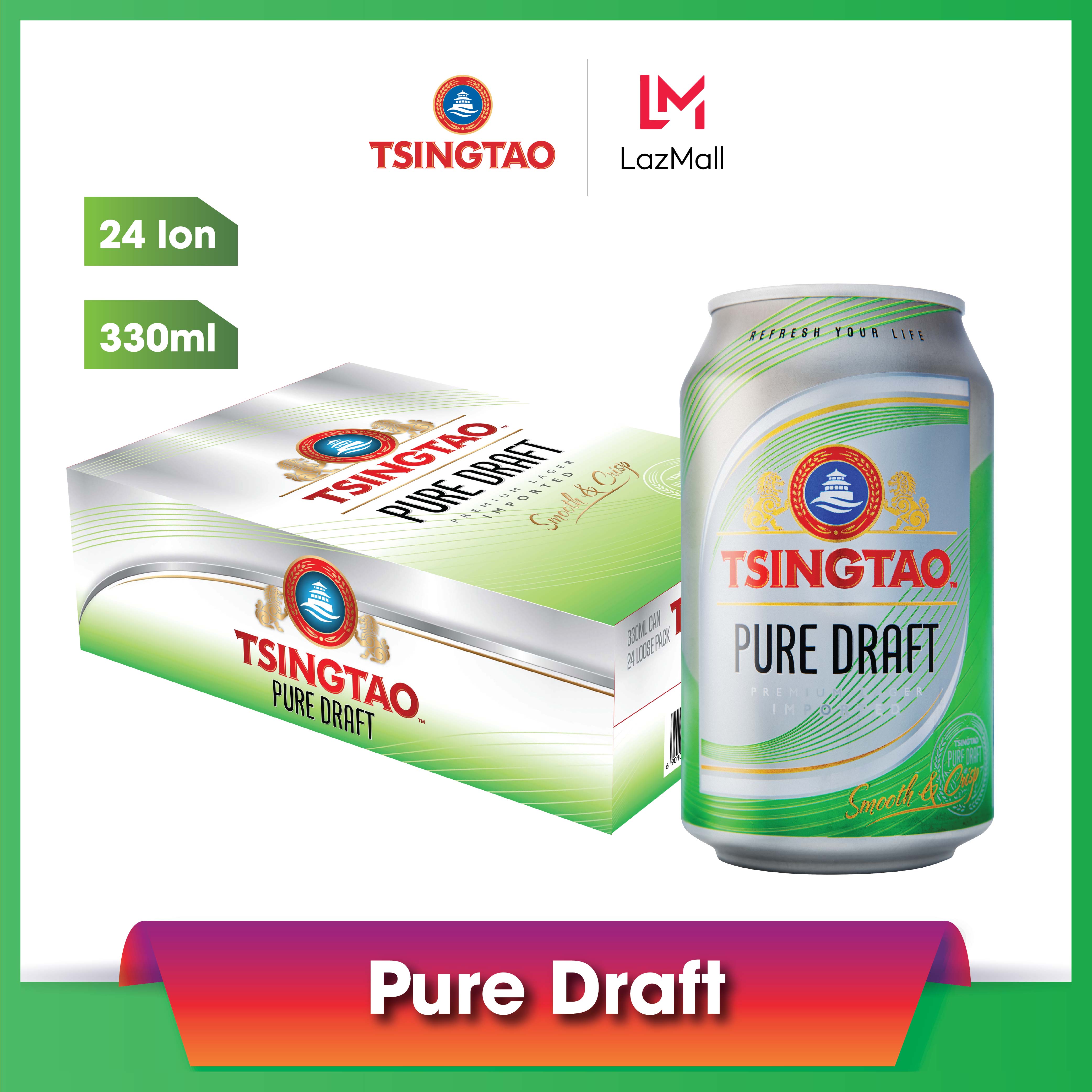 Box of 24 cans of Tsingtao Pure Draft Beer - 4.3% alcohol - 100% genuine imported Qingdao Beer