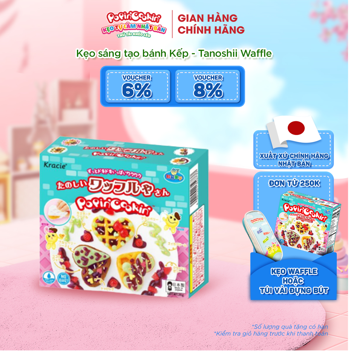 Kẹo sáng tạo DIY POPIN COOKIN Kracie Tanoshii Waffle chính hãng, kẹo DIY, kẹo giáo dục Nhật Bản