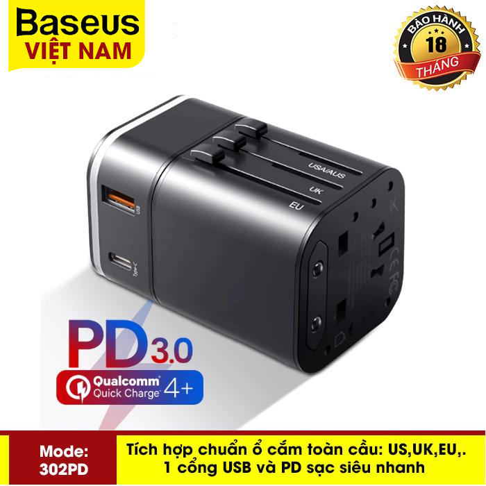 Ổ cắm du lịch các nước Baseus ( 302PD ) công suất 18 W tích hợp chuẩn ổ cắm điện toàn cầu EU, US, UK, 1 cổng sạc USB Sạc Hỗ Trợ Sạc Nhanh QC 3.0 ( Samsung, Huawei, oppo,..) và PD 3.0 ( Iphone, ipad) - Phân phối bởi Baseus Vietnam