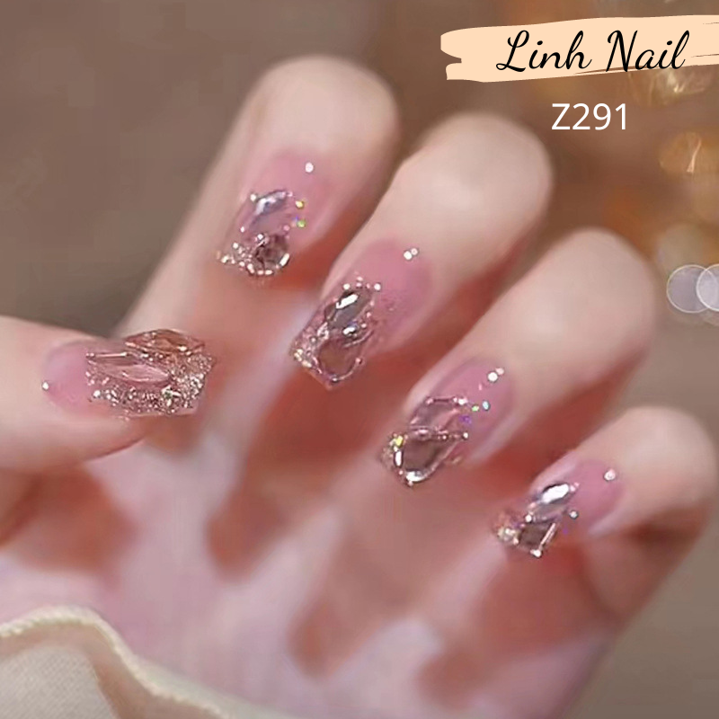 Set móng tay giả Z291 đính đá tím false nail 24 miếng có thể tháo rời