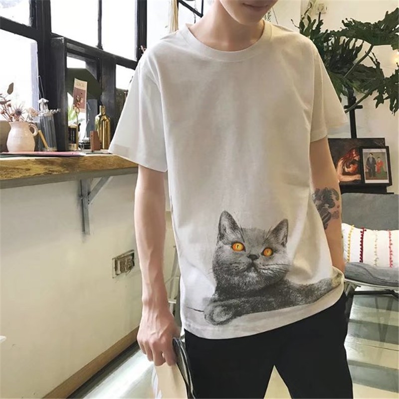 Men's T-Shirt/T-Shirt, Short-Sleeved, Floral Print, Cat Face Pattern, White, Fashionable, Korean Style