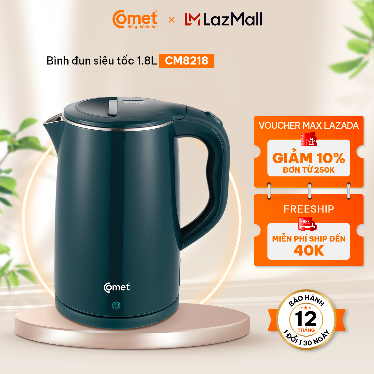 Bình đun siêu tốc 2 lớp cách nhiệt 1.8L COMET - CM8218 - Có chế độ ngắt điện tự động an toàn sử dụng - Hàng chính hãng - Bảo hành 12 tháng 