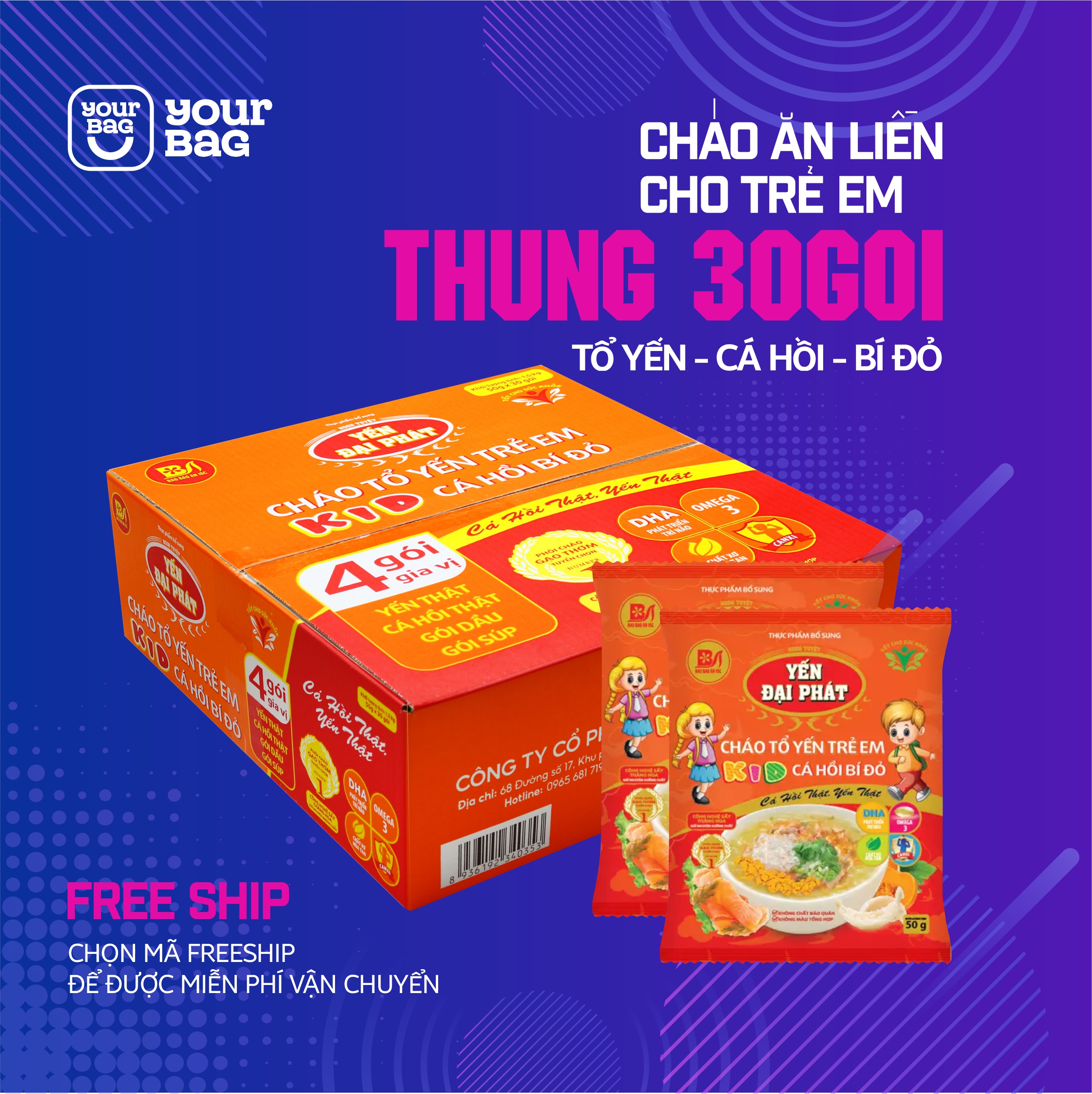 (THÙNG 30 GÓI ) Cháo Tổ Yến Cá Hồi Bí Đỏ. Cháo ăn liền Cho Trẻ Em Từ 6 tháng tuổi - Tiện lợi - Thơm Ngon - Đầy Dinh Dưỡng - yourbag - Cháo ăn liền.