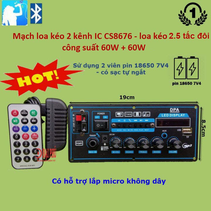 [HCM]Mạch loa kéo 2 kênh dùng 2 pin 18650 7.4V dùng cho loa kéo 2.5 tấc đôi Karaoke Bluetooth - v1