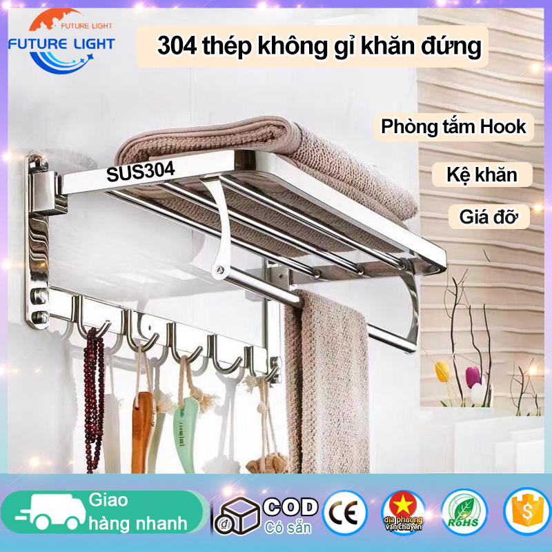 FLM Kệ vắt khăn phòng tắm Gấp Đứng Inox SUS 304 Loại Dày Bao gồm 5 móc và 1 thanh khăn acó thể gập lại Công suất cực lớn Không thấm nước và chống ăn mòn và chống gỉ