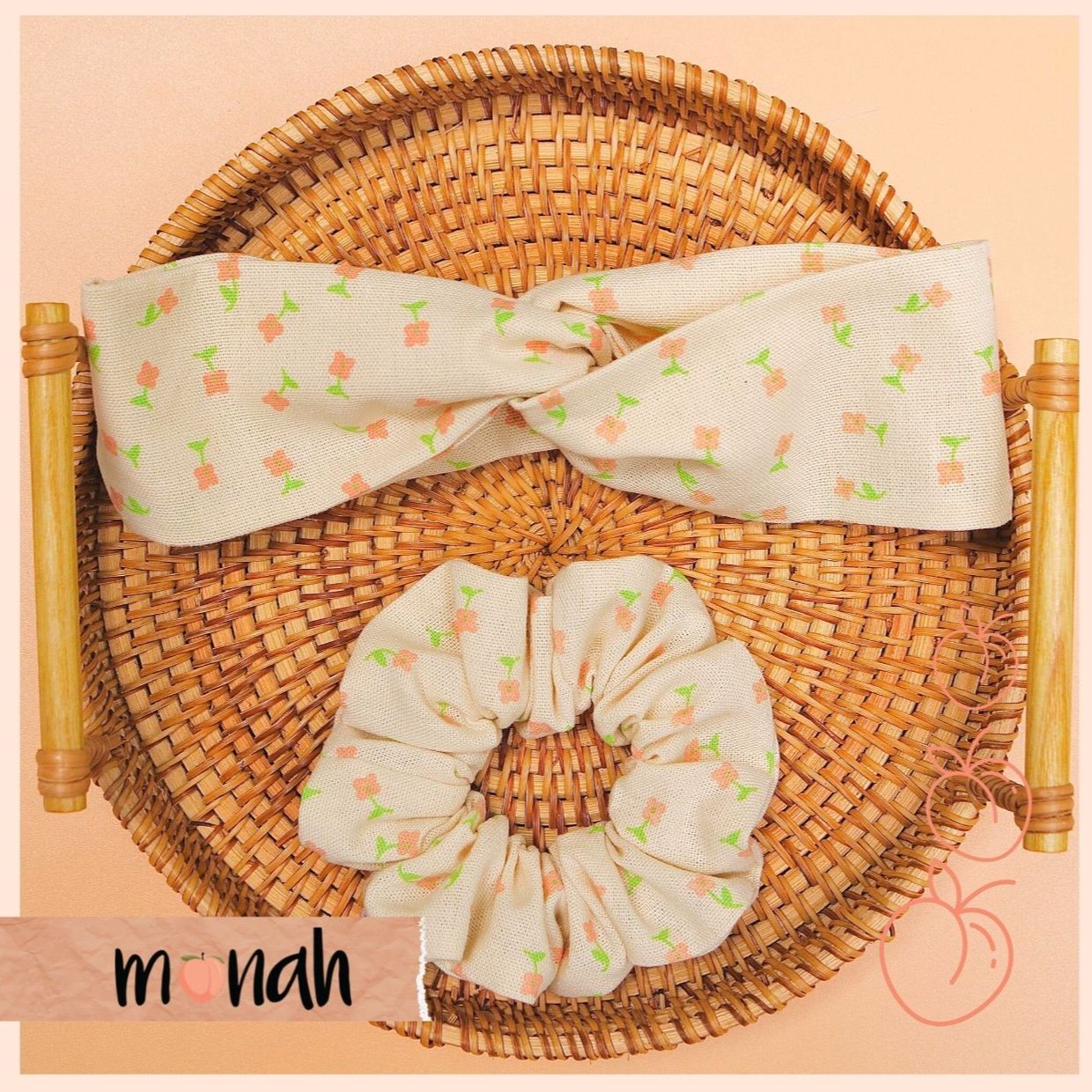 Combo dây buộc tóc cột tóc scrunchie và turban băng đô nữ linen hoa nhí cam