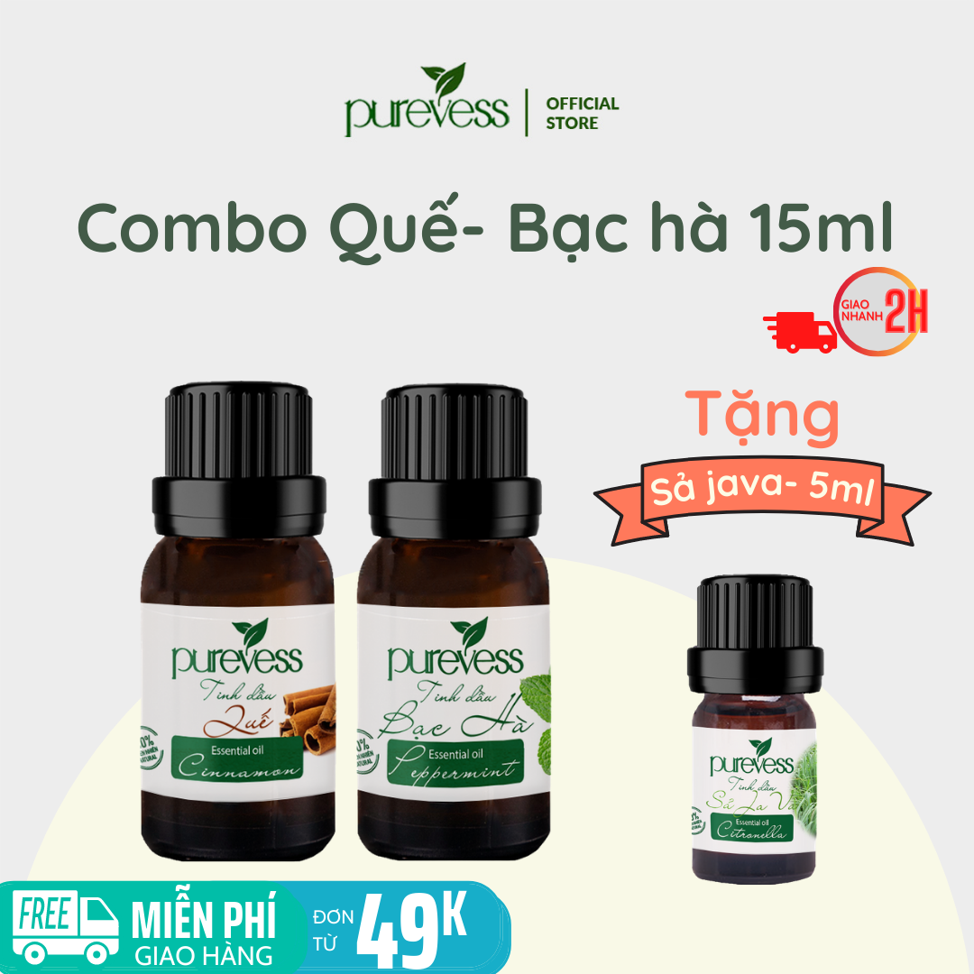 Tinh dầu xông phòng Purevess, tinh dầu Quế 15ml, tinh dầu Bạc Hà 15ml, tặng tinh dầu Sả Java 5ml
