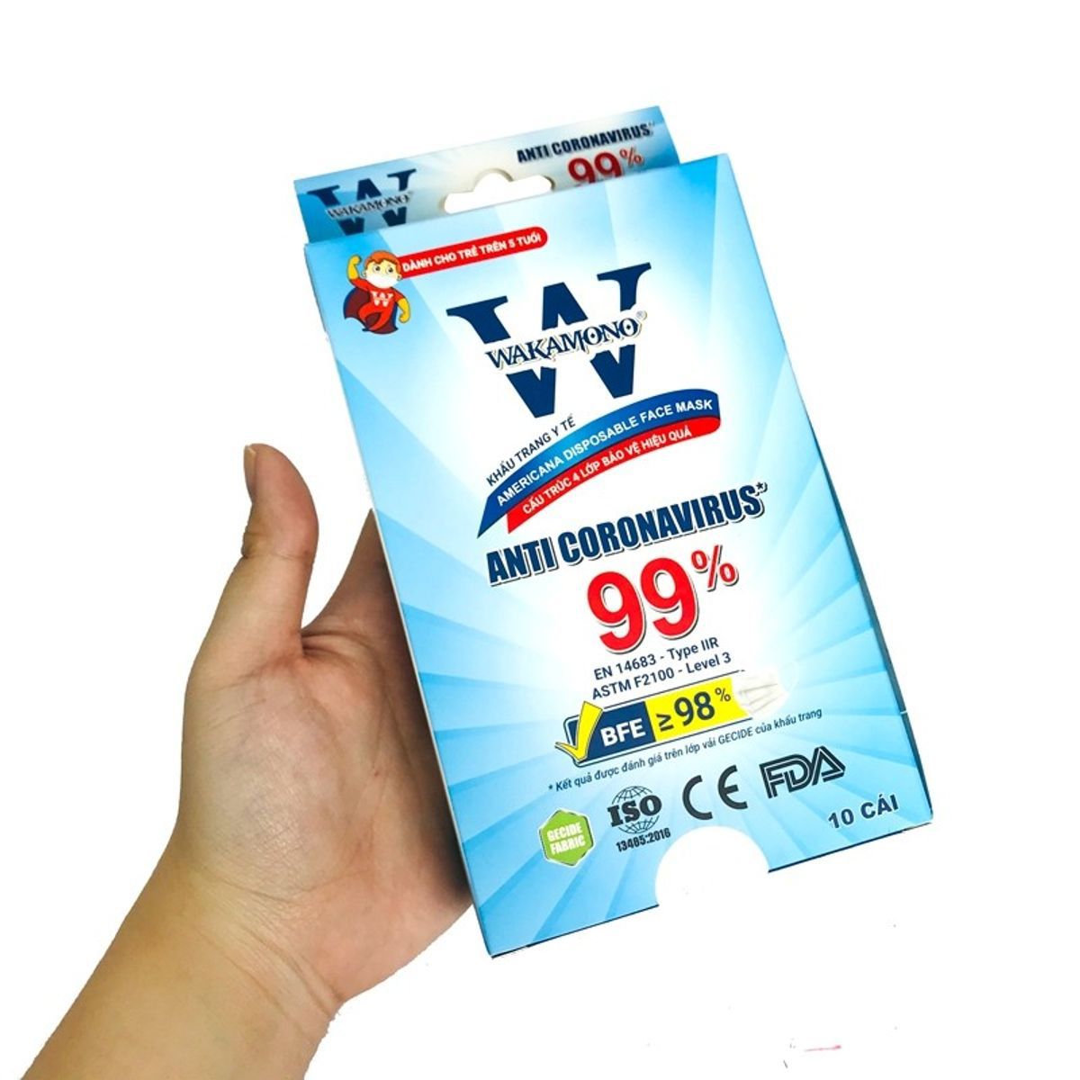 Khẩu trang kháng virus wakamono trẻ em - hộp 10 cái- 4 lớp
