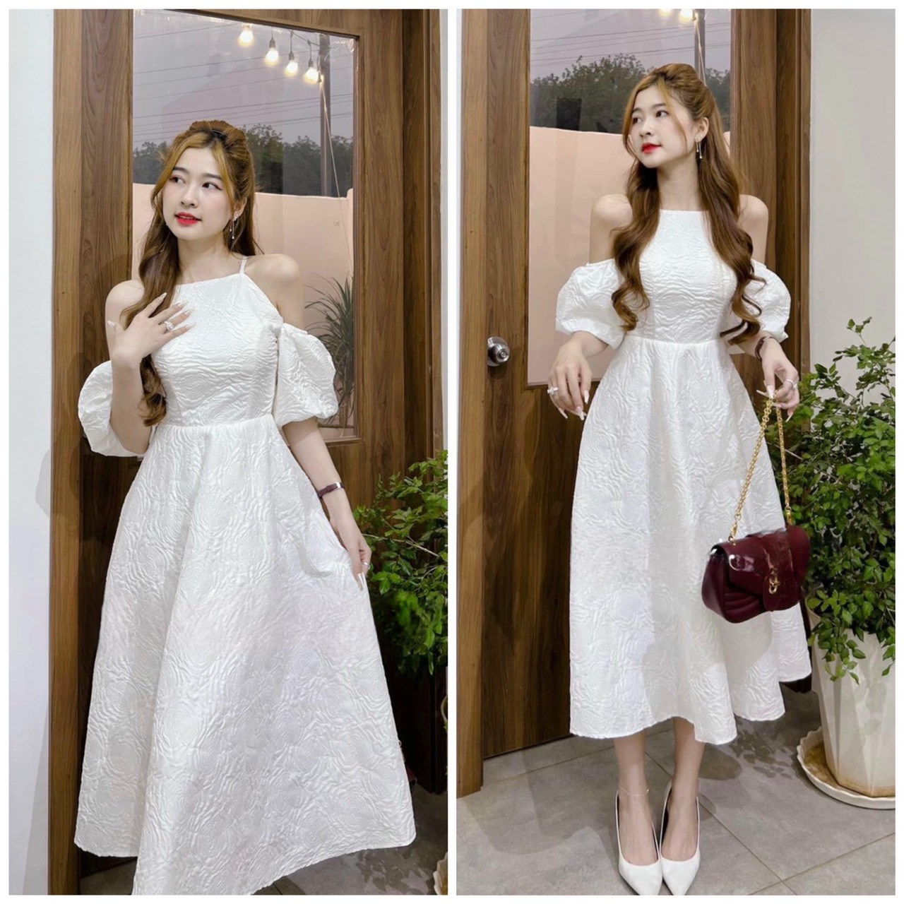 Váy đầm nữ cổ yếm trễ vai tay bồng màu trắng chất gấm nổi cực xinh và duyên dáng