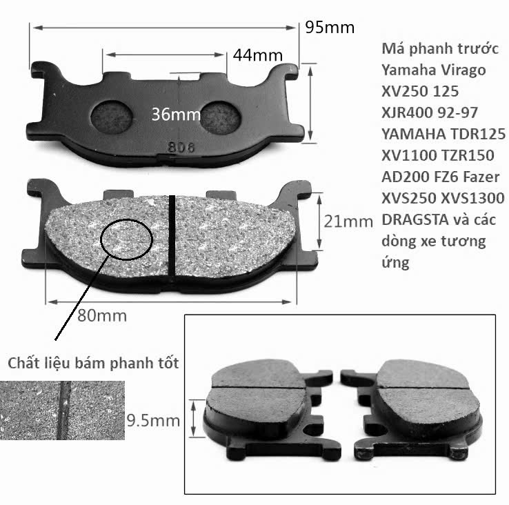 Má phanh trước Yamaha Virago XV250 125 XJR400 92-97 YAMAHA TDR125 XV1100 TZR150 AD200 FZ6 Fazer XVS250 XVS1300 DRAGSTA và các dòng xe tương ứng Bố thắng trước Mẫu CT