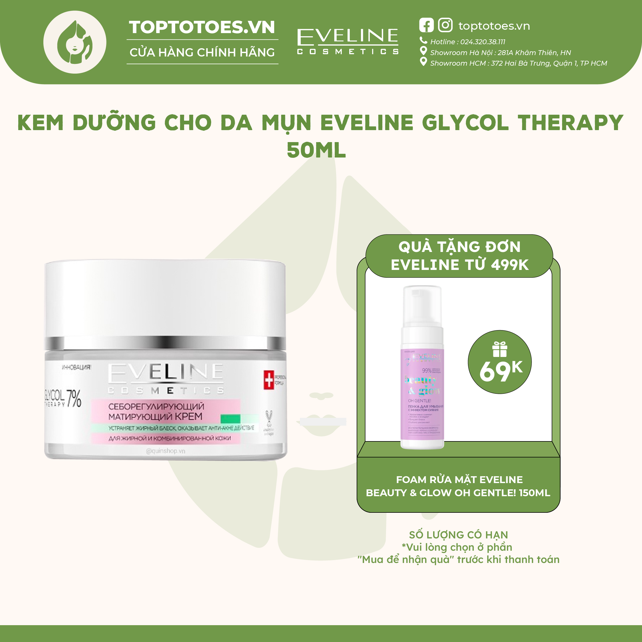 Kem dưỡng Eveline Glycol Therapy 7% ngừa mụn, mờ thâm